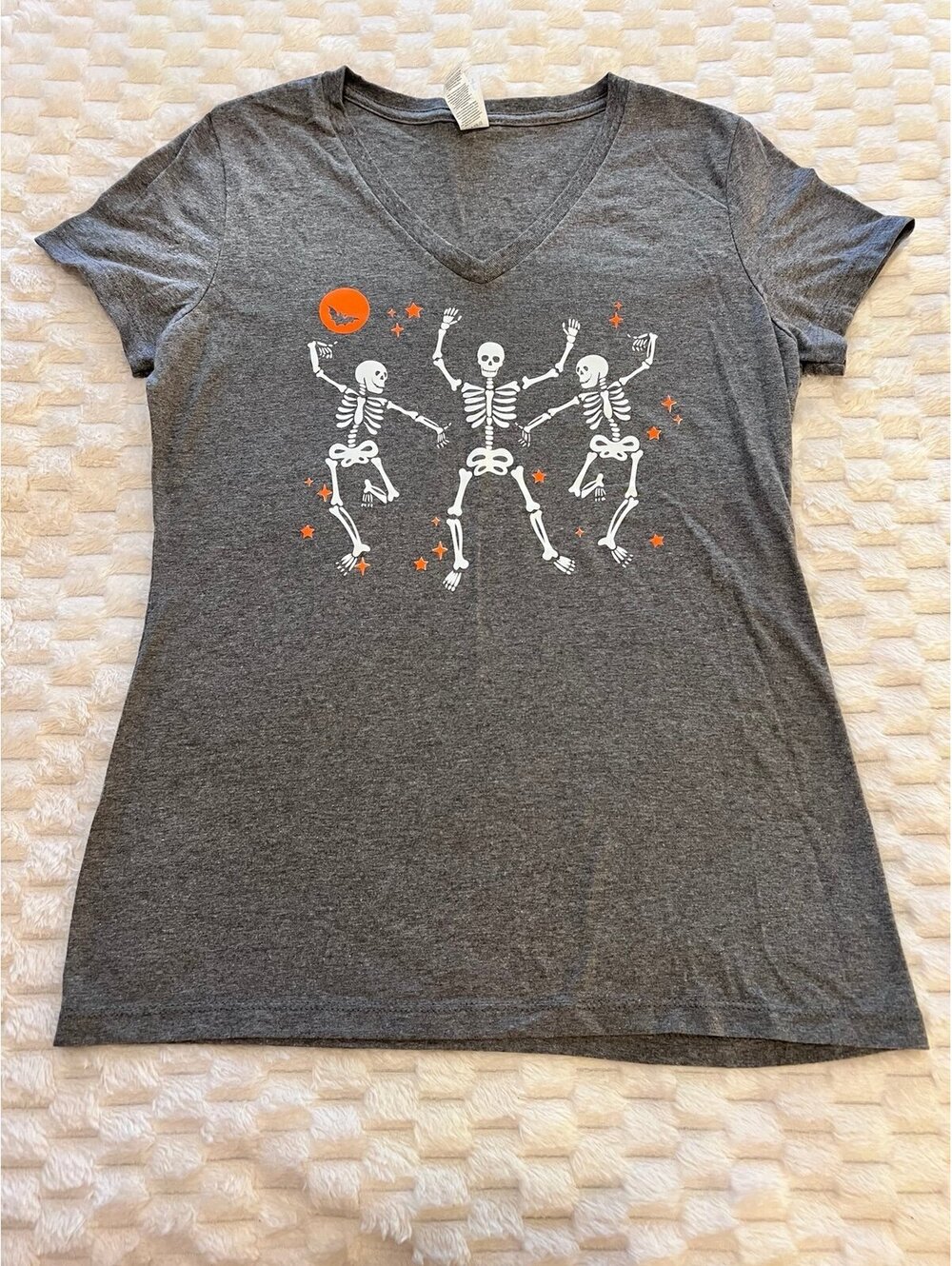 Women's Halloween V-Neck T-Shirt, Dancing Skeletons (Small)